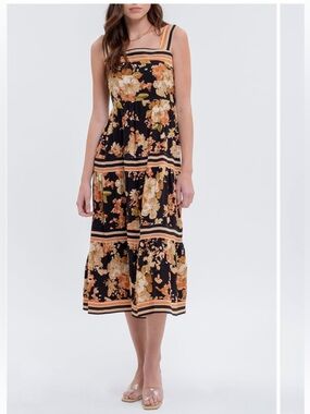 August Sky Size L Dress Floral Midi Black Tan Coral Tiered Romantic Rustic Boho